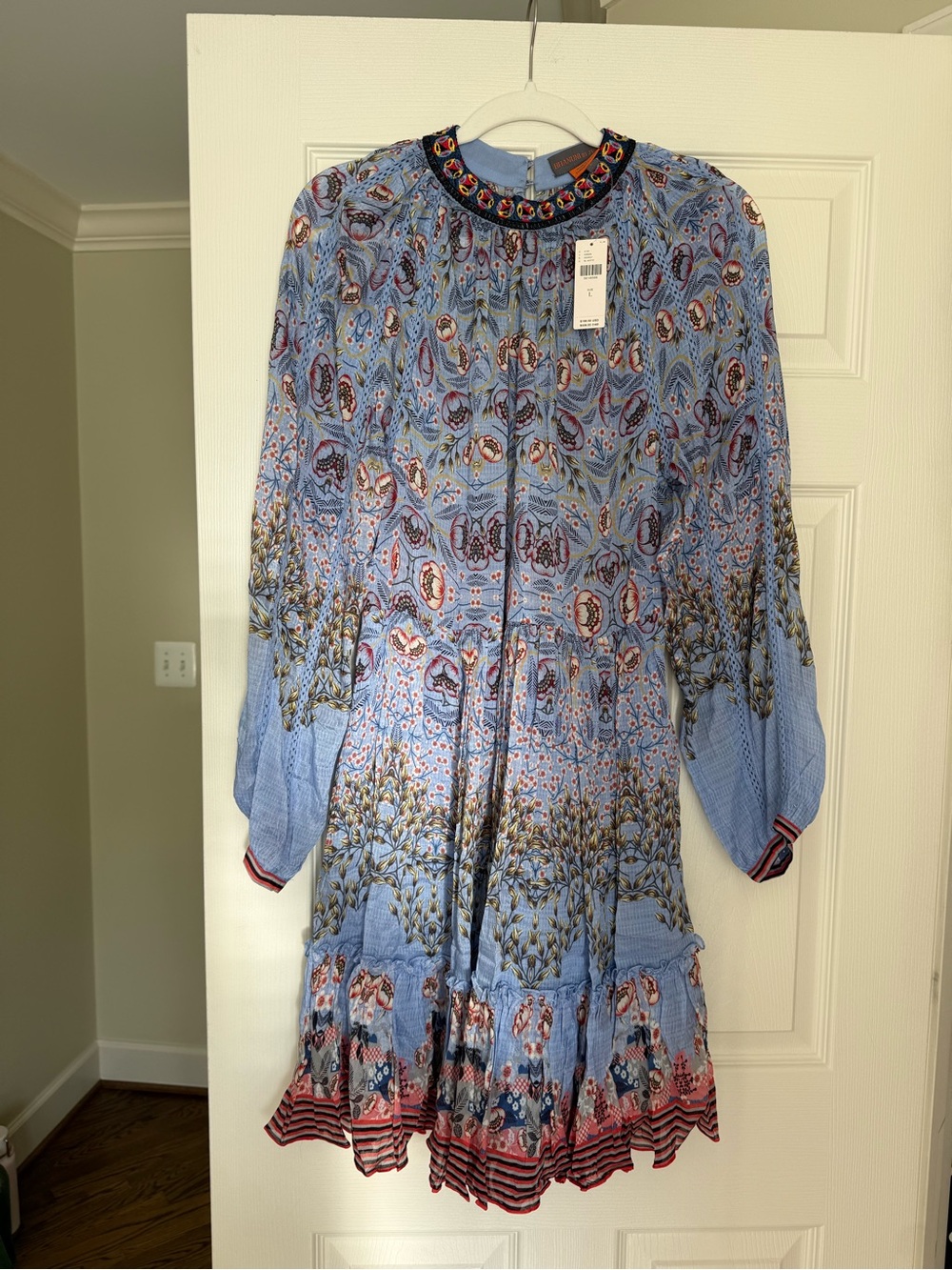 Light Blue Long Sleeve Floral Print Dress with Embroidered Collar
